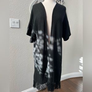 Long Black Sweater Fringe Bottom Open Jacket